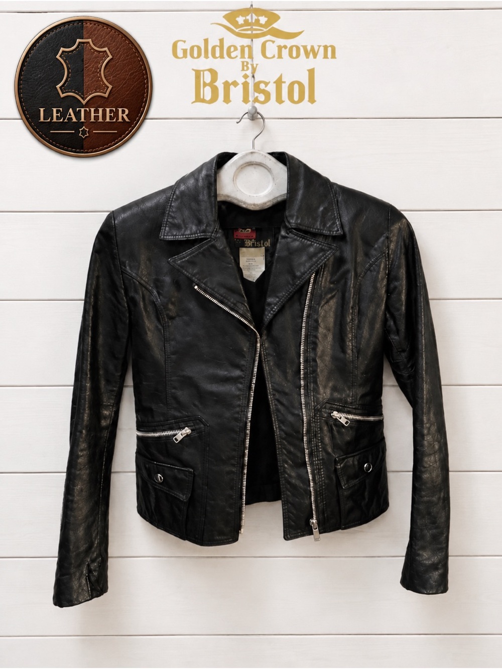 BRISTOL Golden Crown Black Leather Moto Jacket – Size 4–6